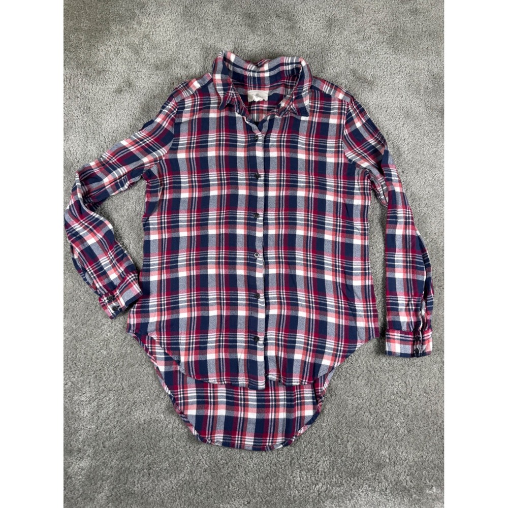 Caslon Womens Plaid Rayon High Low Button Down Shirt Navy Red White Small